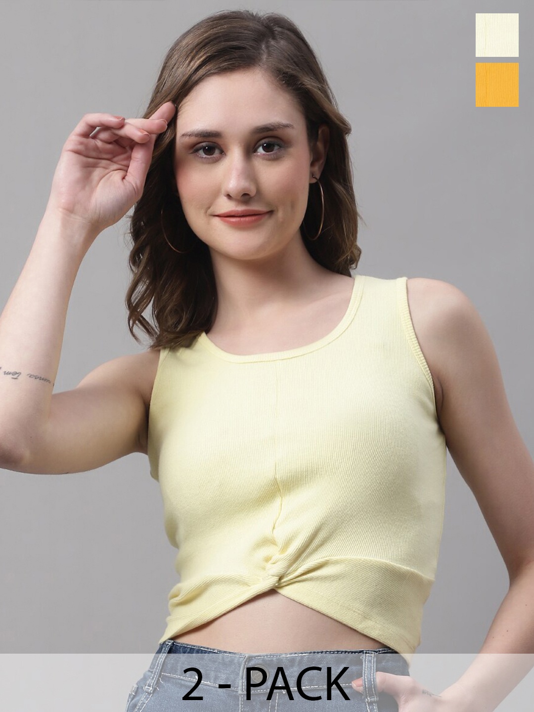 

FBAR Pack Of 2 Round Neck Sleeveless Twisted Fitted Crop Tops, Yellow