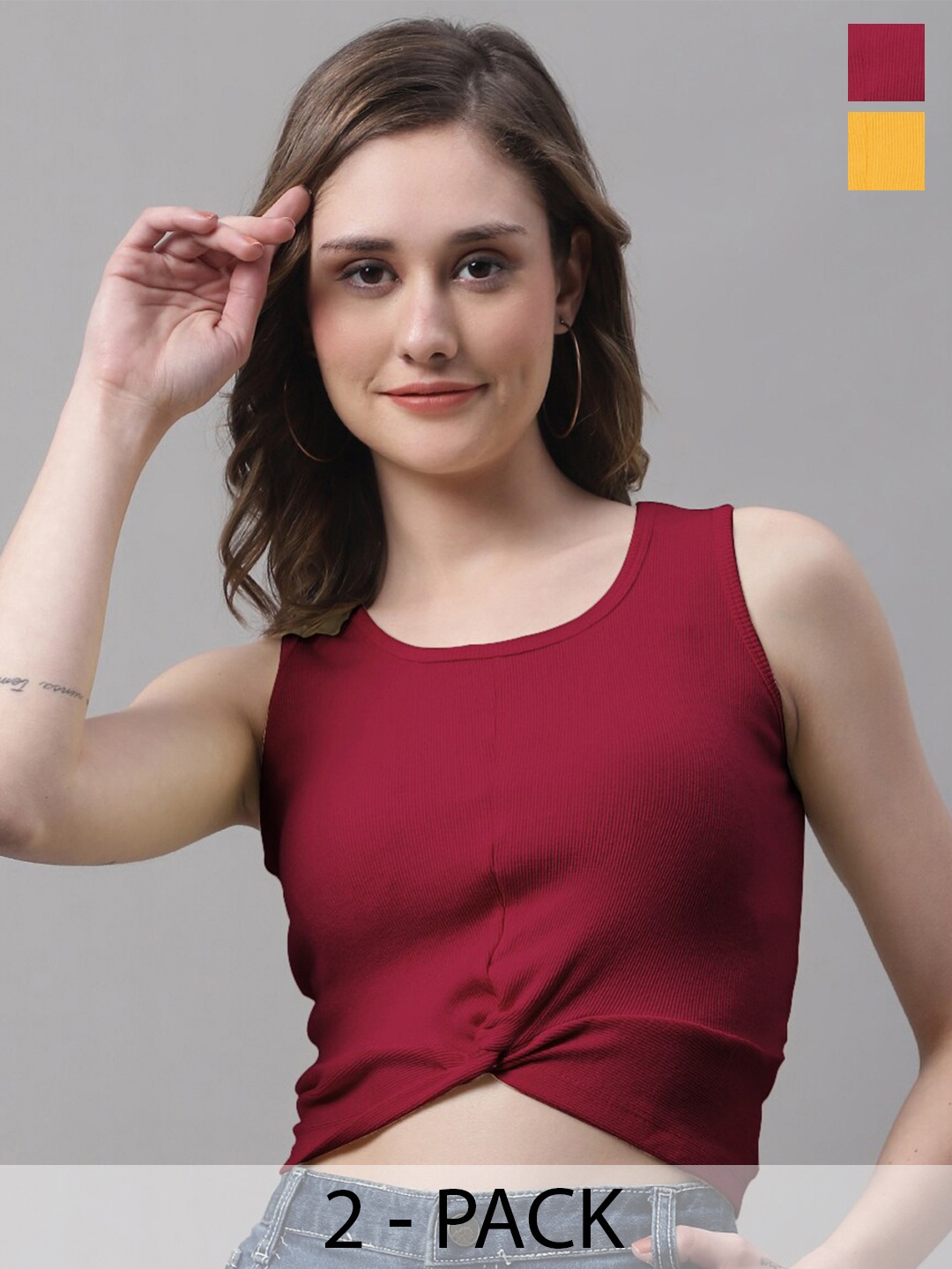 

FBAR Pack Of 2 Cotton Round Neck Sleeveless Opaque Casual Fitted Crop Tops, Maroon