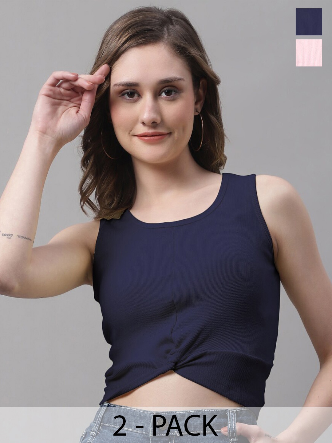 

FBAR Pack Of 2 Round Neck Sleeveless Twisted Crop Tops, Navy blue