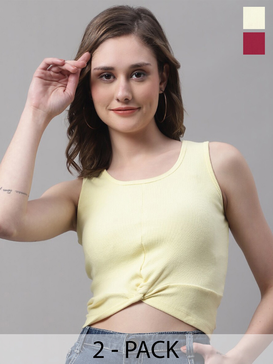 

FBAR Pack Of 2 Round Neck Sleeveless Twisted Fitted Crop Tops, Yellow