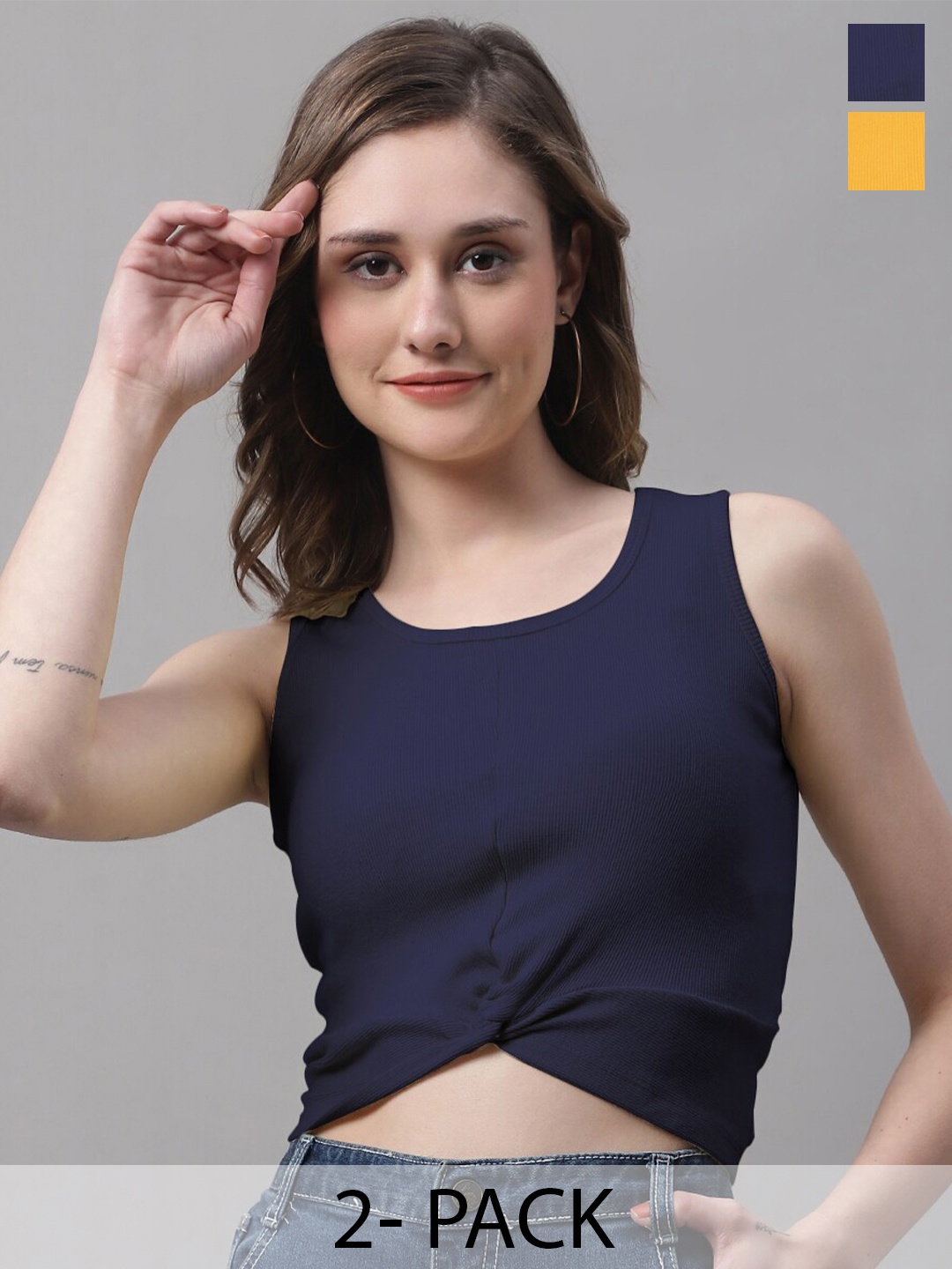 

FBARPack Of 2 Cotton Round Neck Sleeveless Opaque Casual Fitted Crop Tops, Navy blue