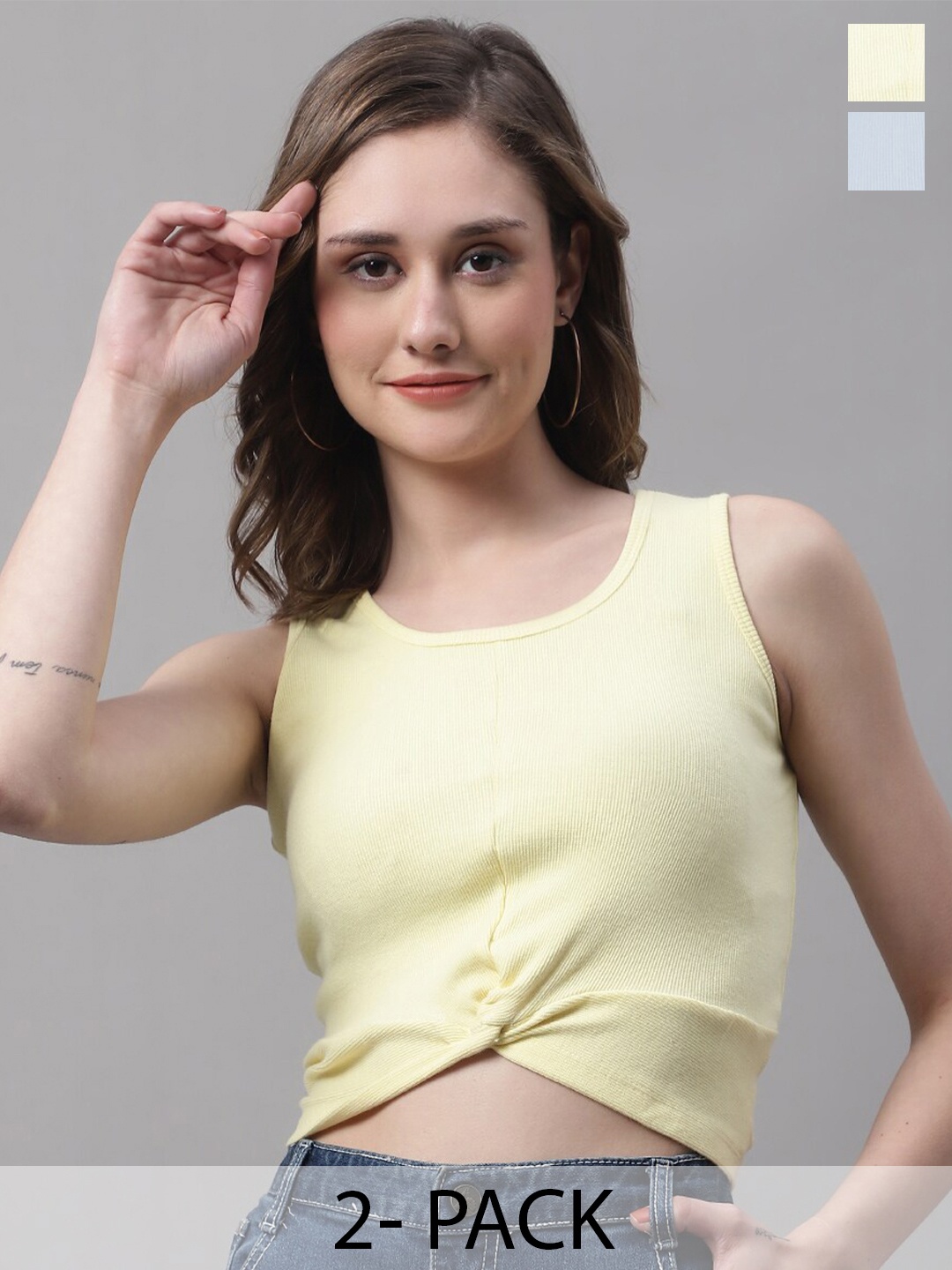 

FBAR Pack Of 2 Round Neck Sleeveless Twisted Crop Tops, Yellow