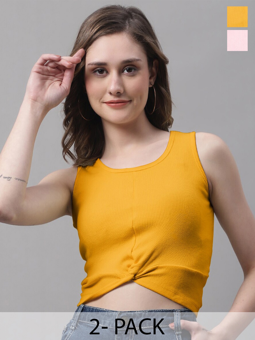 

FBAR Pack Of 2 Round Neck Sleeveless Twisted Fitted Crop Tops, Mustard