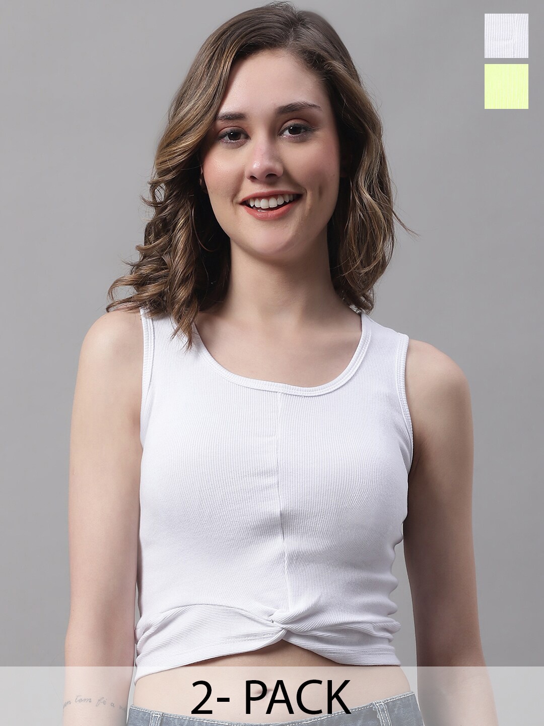 

FBAR Pack Of 2 Round Neck Sleeveless Twisted Fitted Crop Tops, White