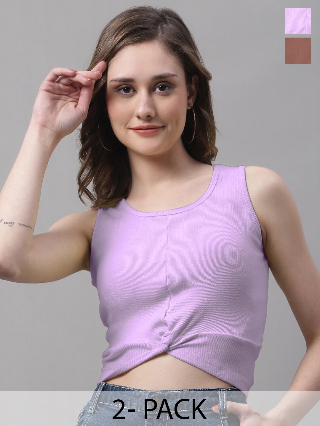 

FBAR Pack Of 2 Round Neck Sleeveless Twisted Crop Tops, Purple