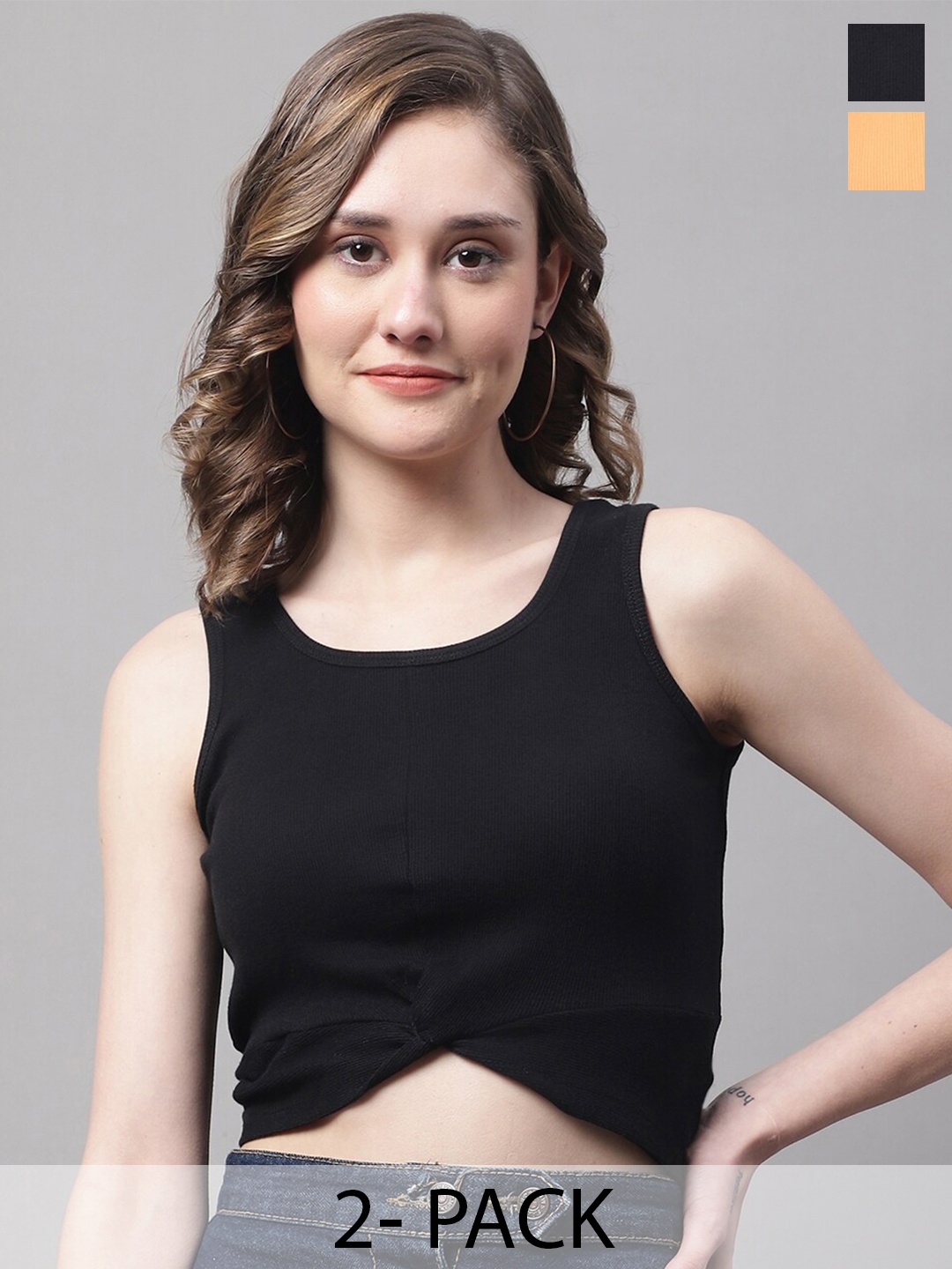 

FBAR Pack Of 2 Round Neck Sleeveless Twisted Fitted Crop Tops, Black