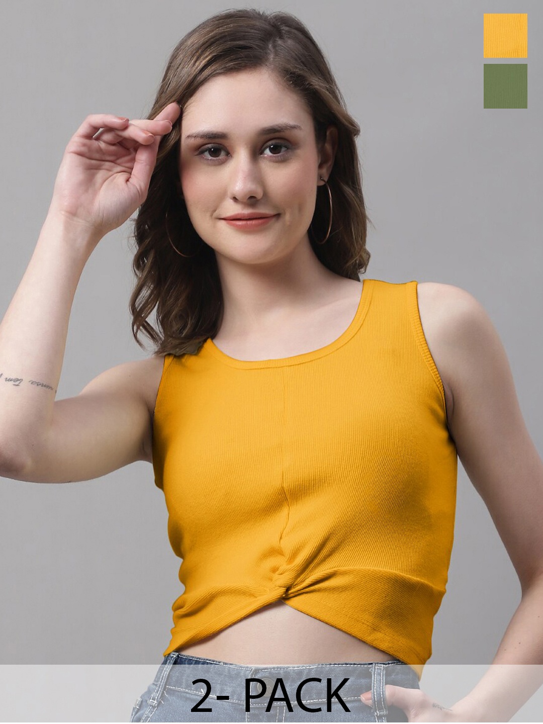 

FBAR Pack Of 2 Round Neck Sleeveless Twisted Crop Tops, Mustard