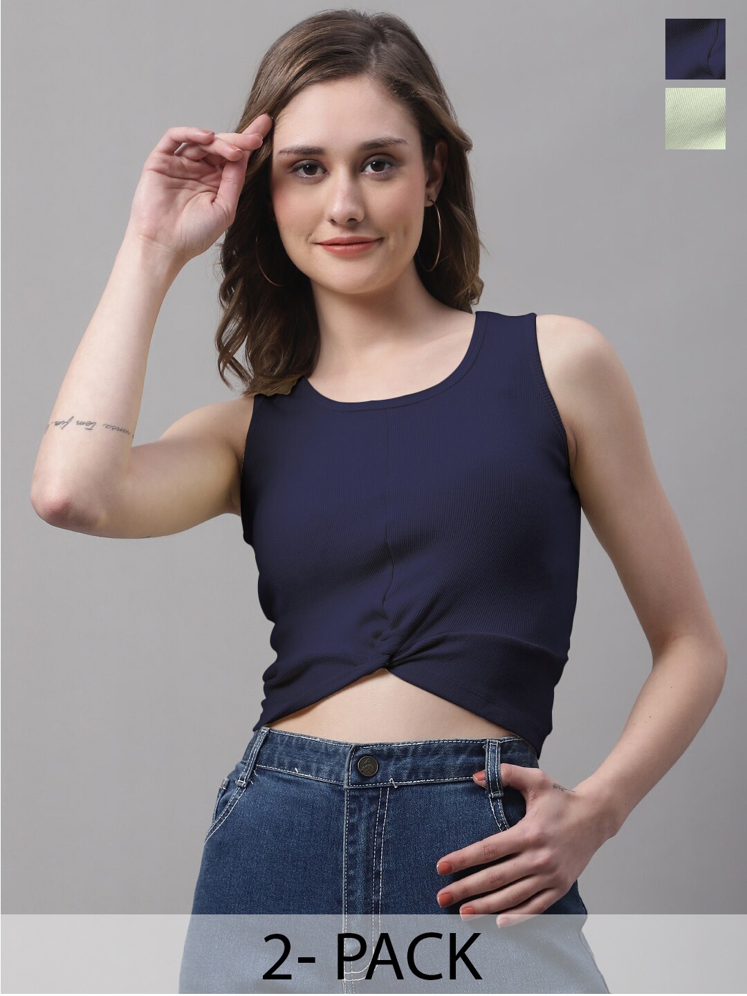 

FBAR Pack Of 2 Round Neck Sleeveless Twisted Fitted Crop Tops, Navy blue