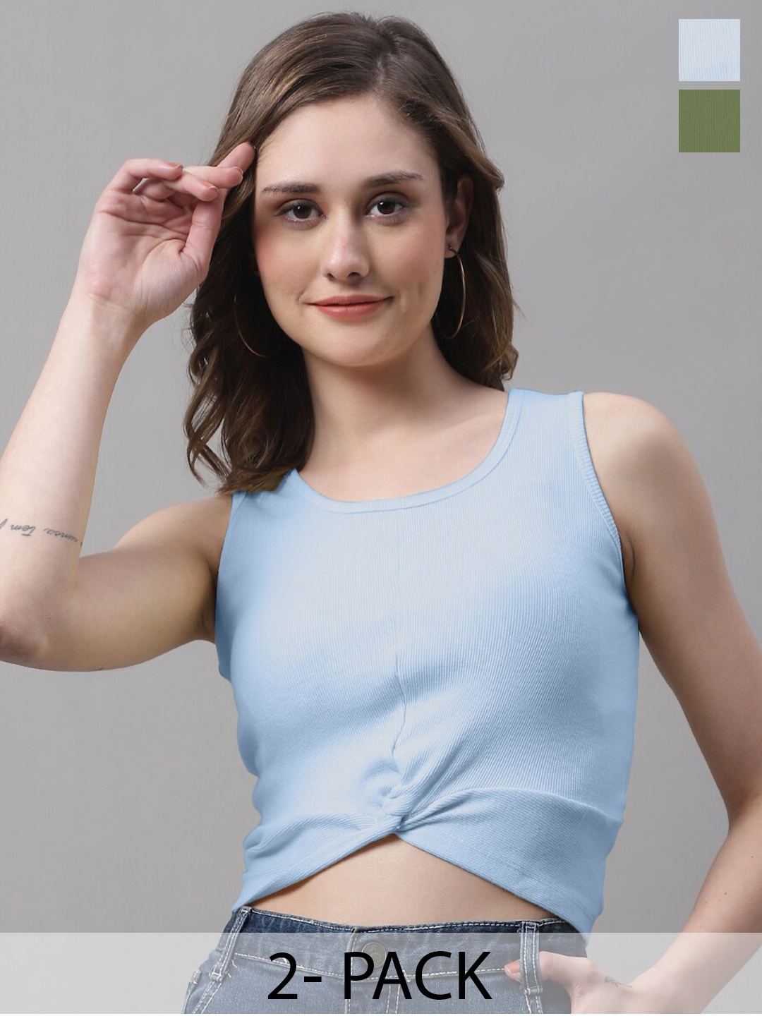 

FBAR Pack Of 2 Round Neck Sleeveless Twisted Crop Tops, Turquoise blue