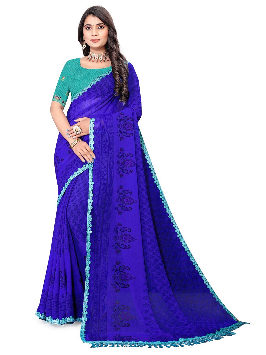 

V TEX SAREES Floral Printed Embroidered Pure Georgette Saree, Blue