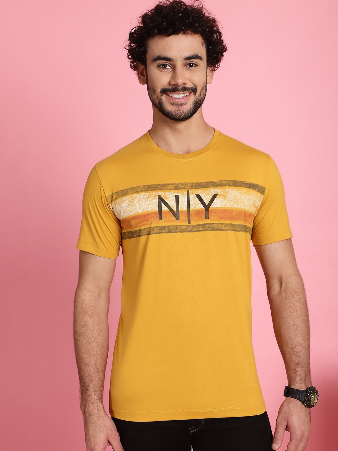 

VENITIAN Geometric Round Neck Cotton Slim Fit T-shirt, Yellow