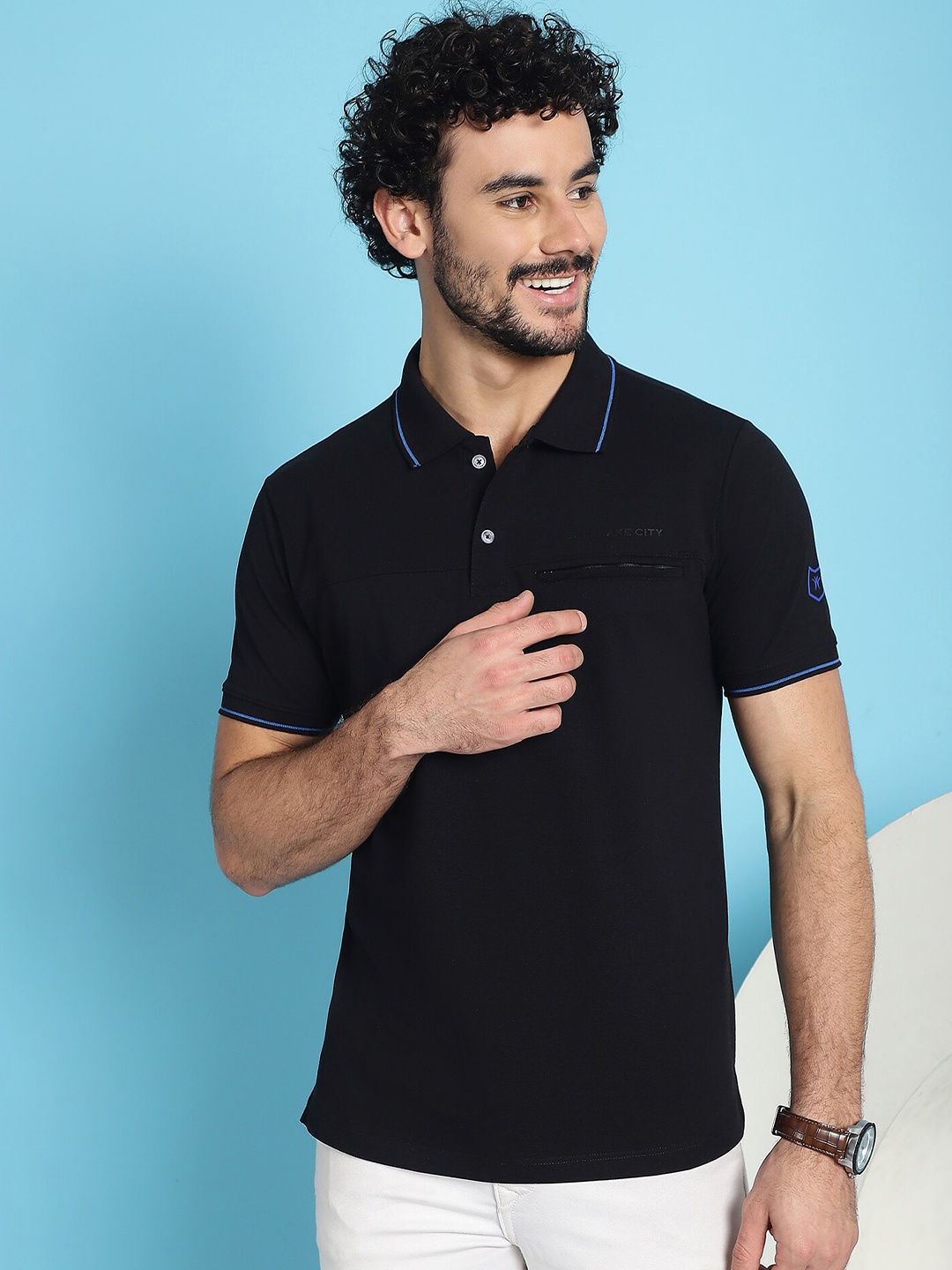 

VENITIAN Polo Collar Cotton Slim Fit T-shirt, Black
