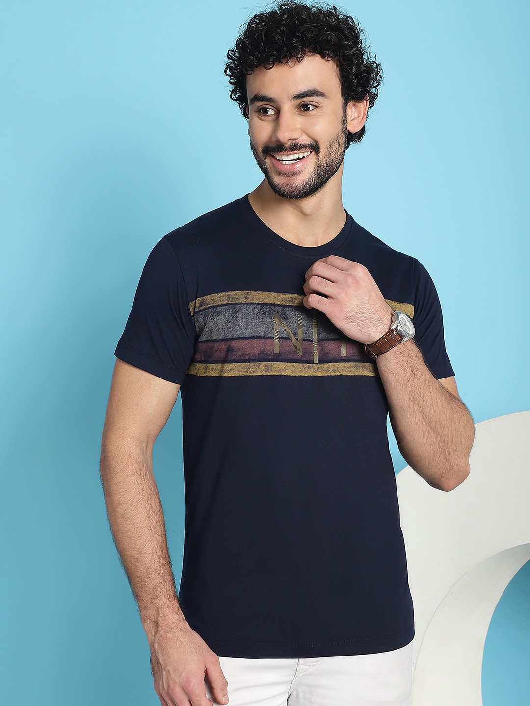 

VENITIAN Typography Printed Cotton Slim Fit T-shirt, Navy blue