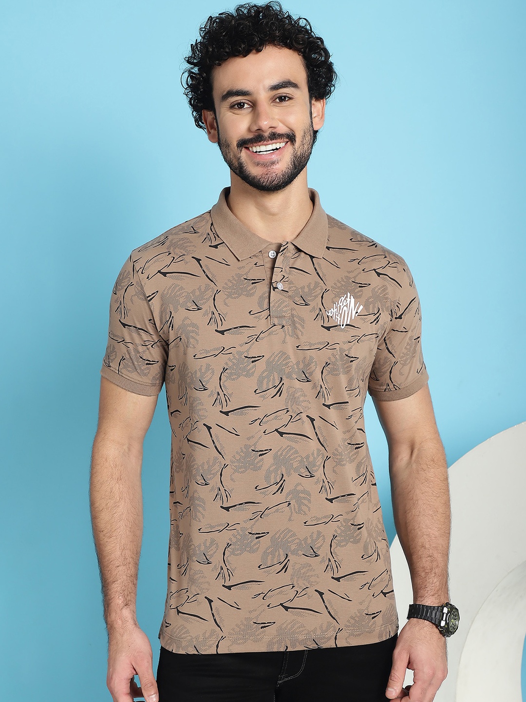 

VENITIAN Abstract Printed Polo Collar Cotton Slim Fit T-shirt, Brown