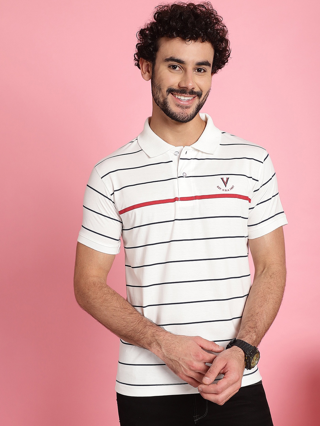 

VENITIAN Striped Henley Neck Cotton Slim Fit T-shirt, White