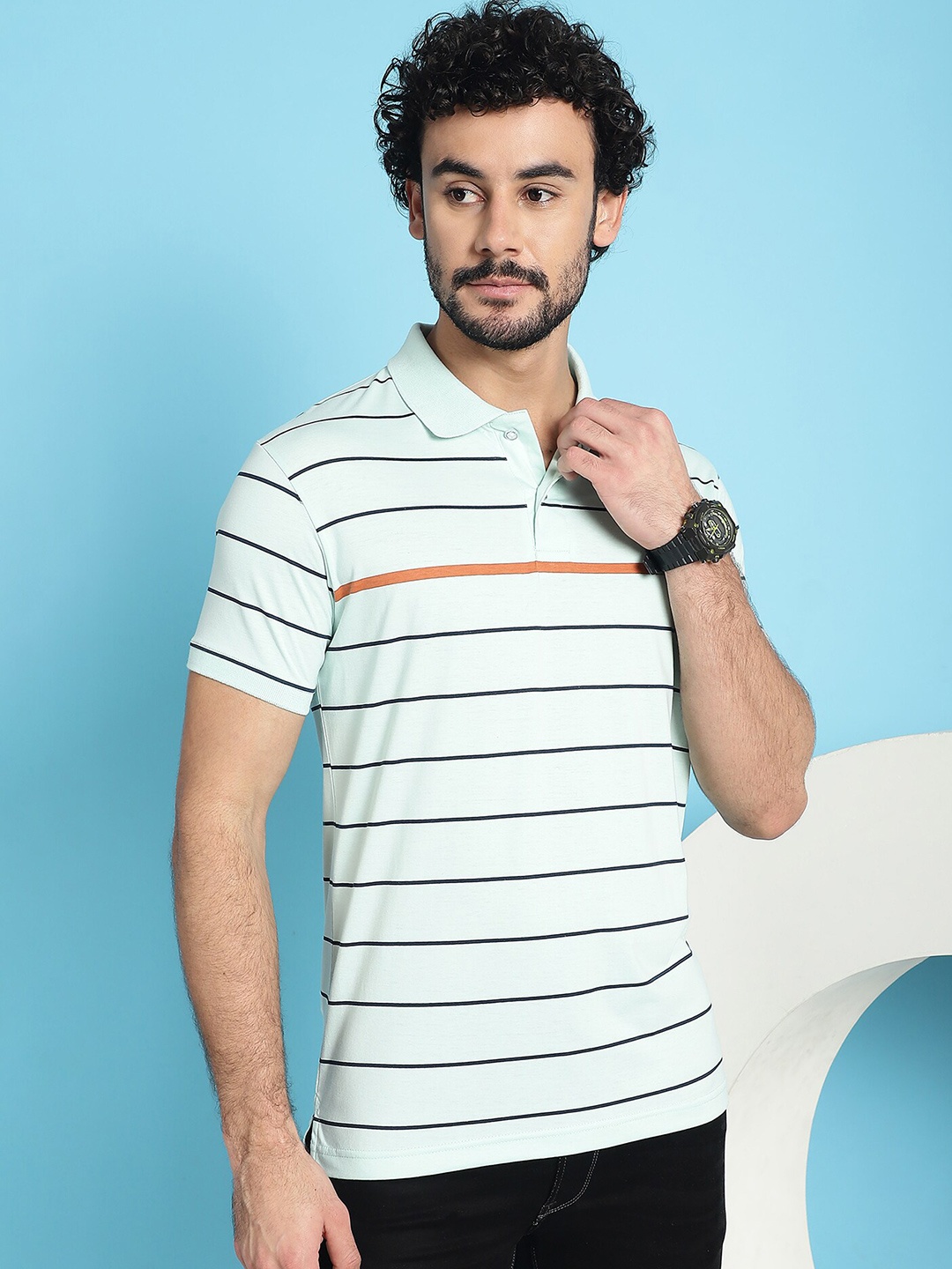 

VENITIAN Striped Polo Collar Cotton Slim Fit T-shirt, Lime green