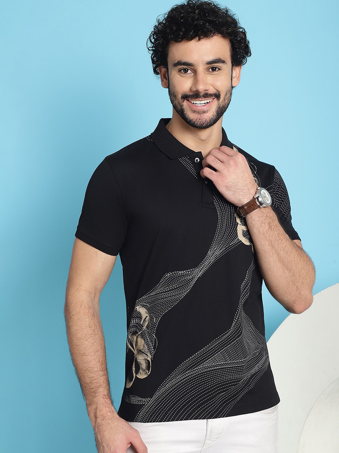

VENITIAN Printed Polo Collar Cotton Slim Fit T-shirt, Black