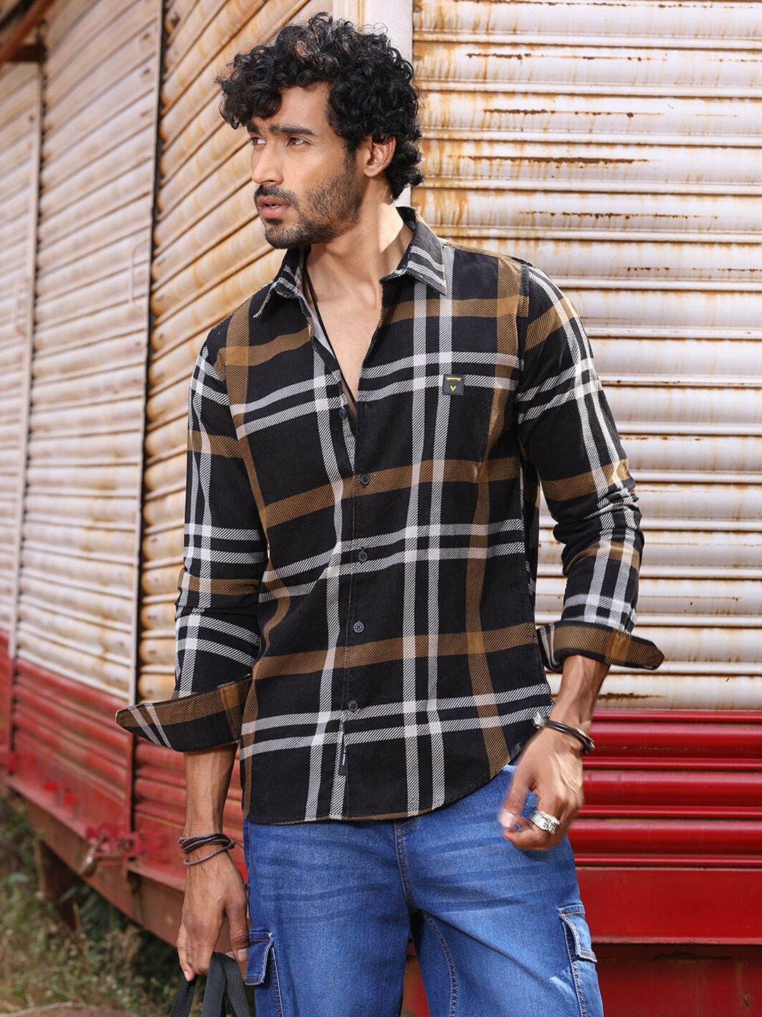 

Thomas Scott Slim Fit Tartan Checked Spread Collar Long Sleeves Corduroy Casual Shirt, Black