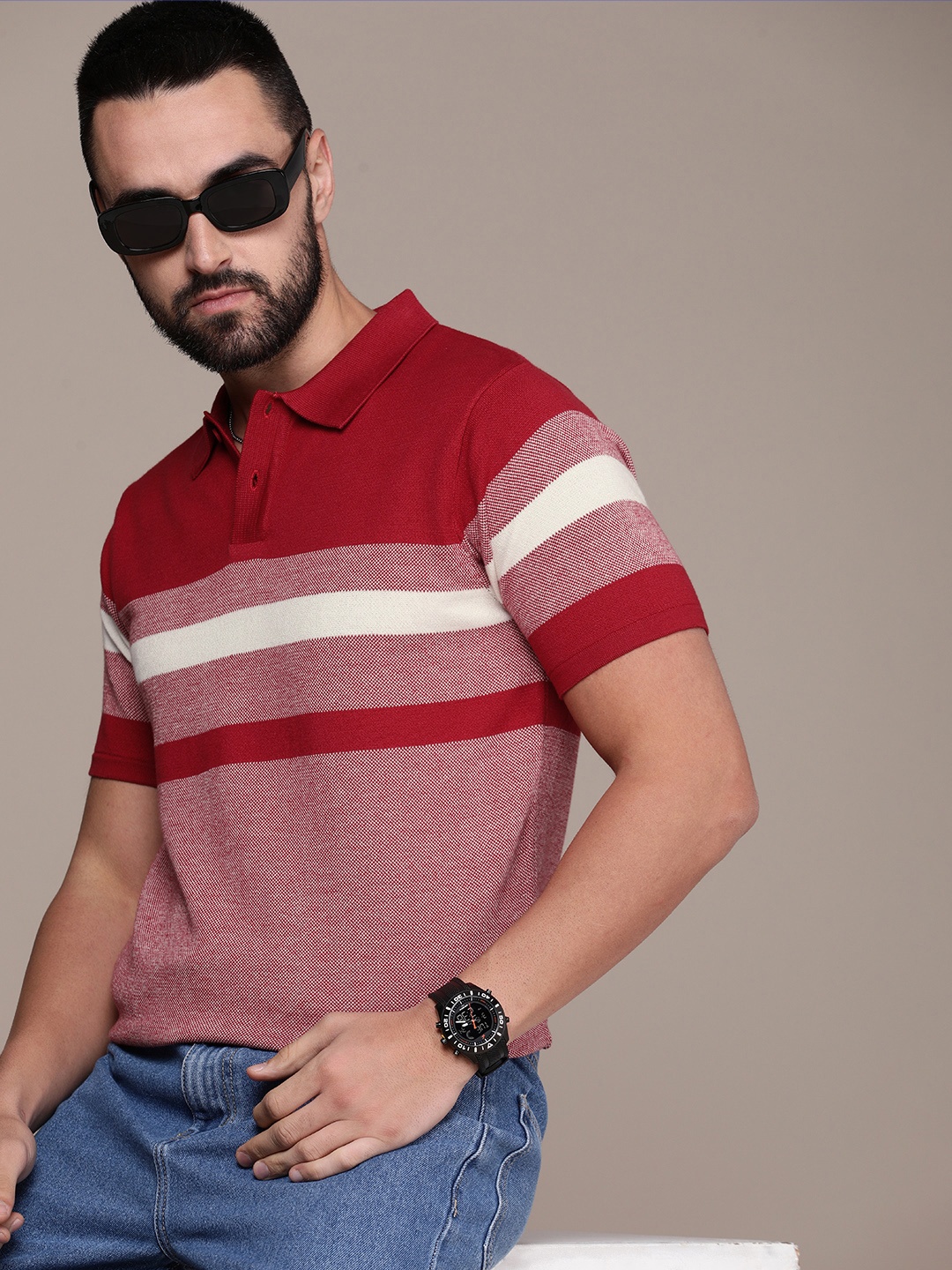 

Roadster Men Colourblocked Polo Collar Pure Cotton T-shirt, Red