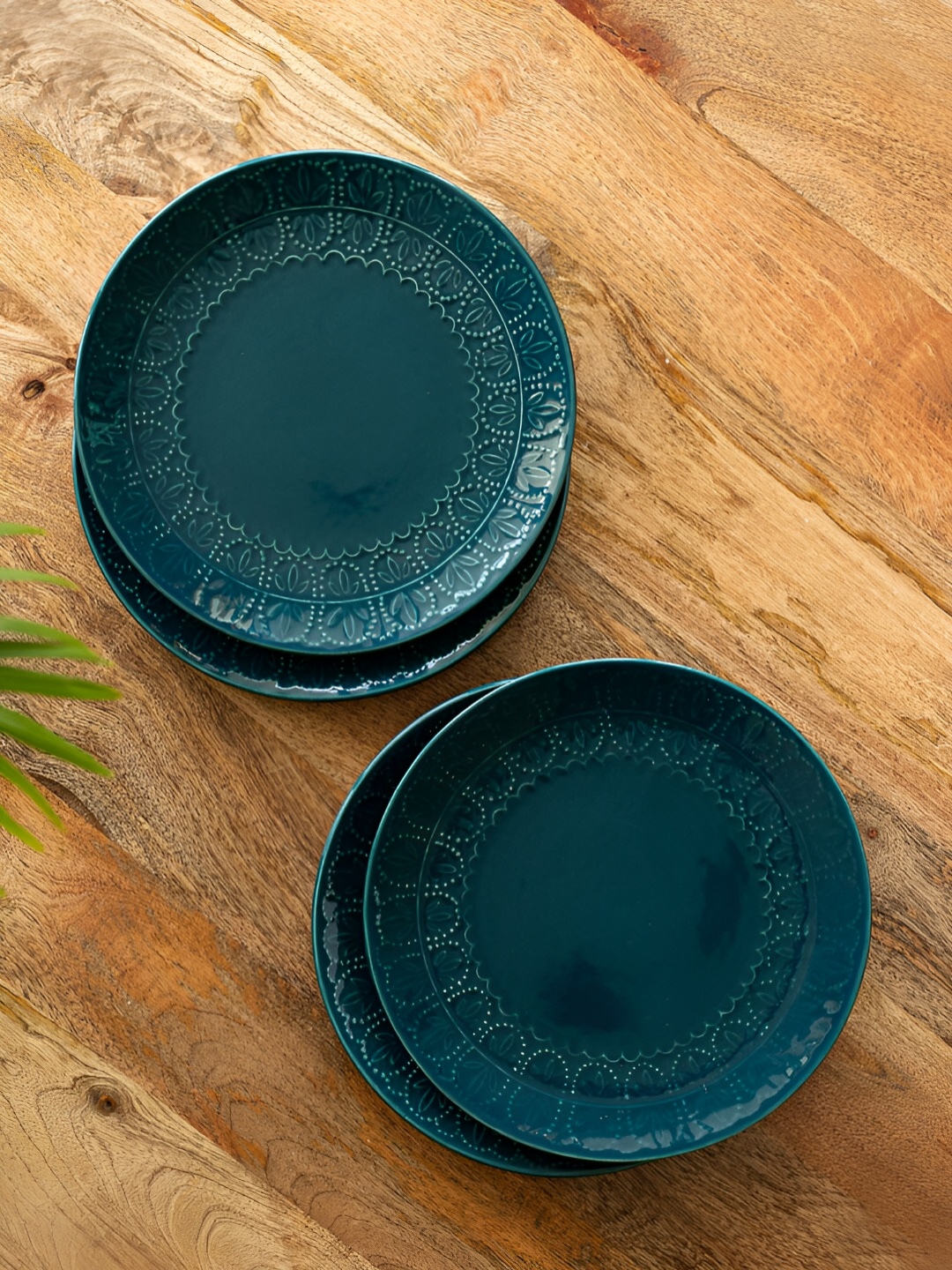 

ExclusiveLane 4 Pieces Teal Green Hand Glazed Ceramic Glossy Dinner Plates