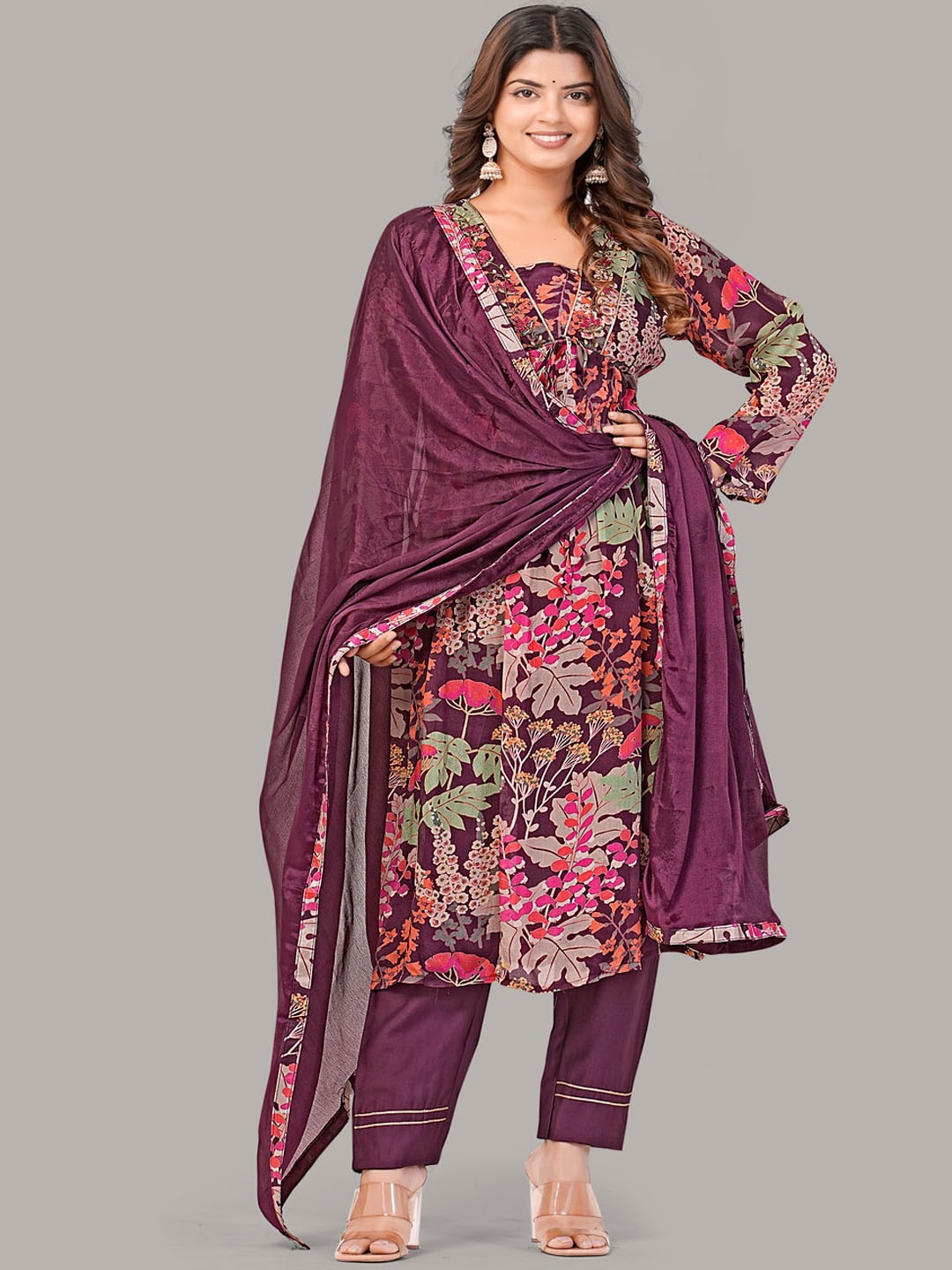 

DARIAN Floral Printed V-Neck Straight Kurta with Trousers & Dupatta, Magenta