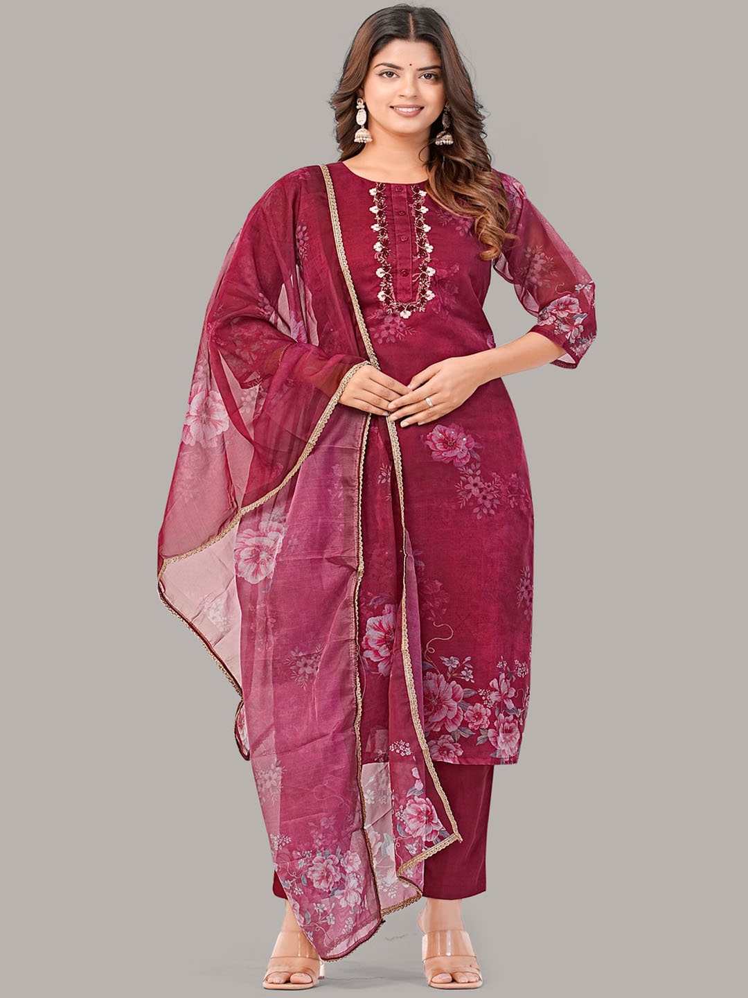 

DARIAN Floral Embroidered Round Neck Straight Kurta with Trousers & Dupatta, Maroon