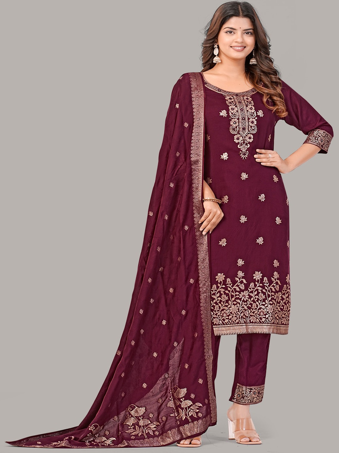 

DARIAN Floral Embroidered Round Neck Straight Kurta with Trousers & Dupatta, Maroon