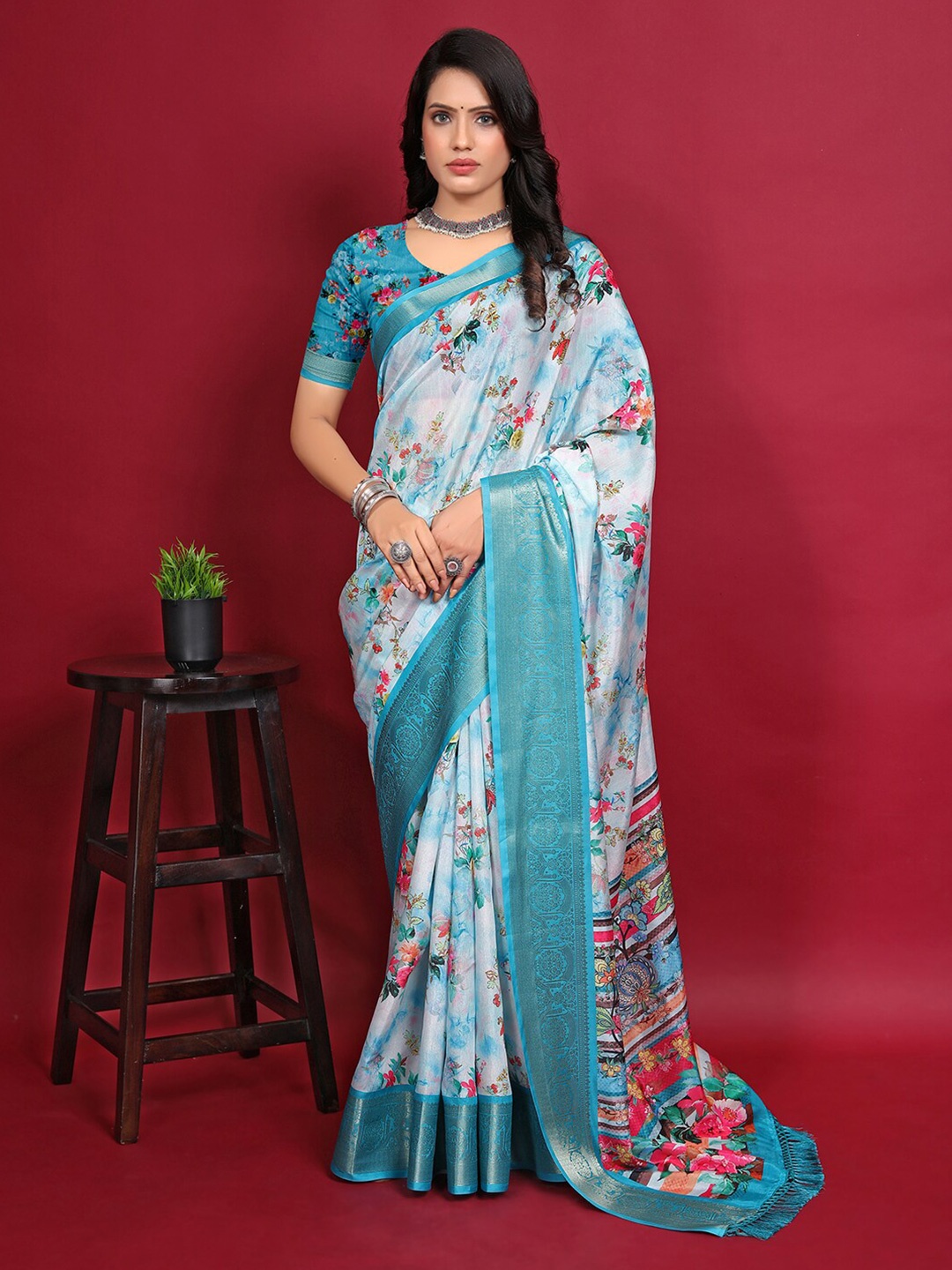 

Pionex Floral Printed Zari Banarasi Saree, Blue