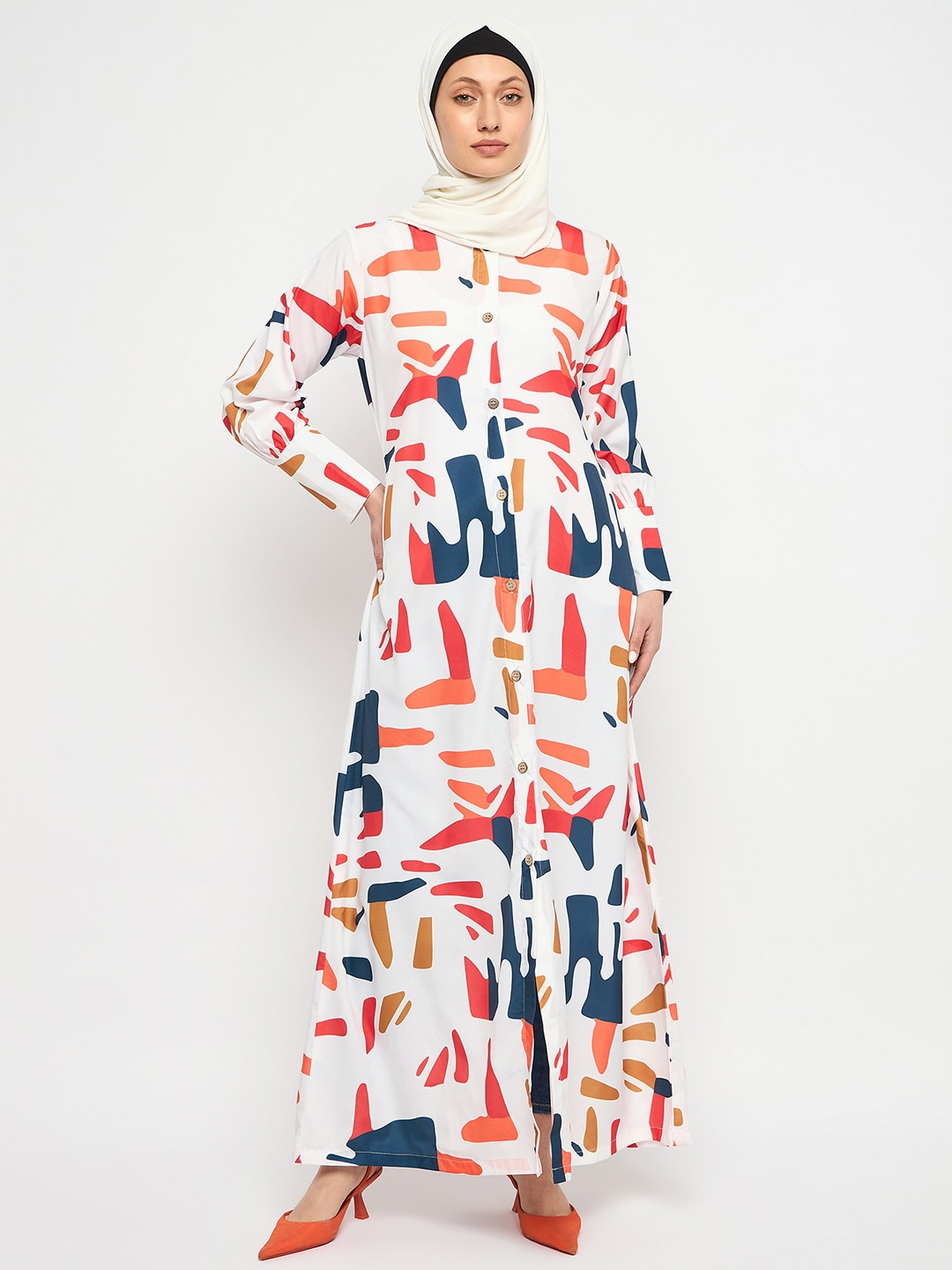 

NABIA Printed Front Open Abaya, White