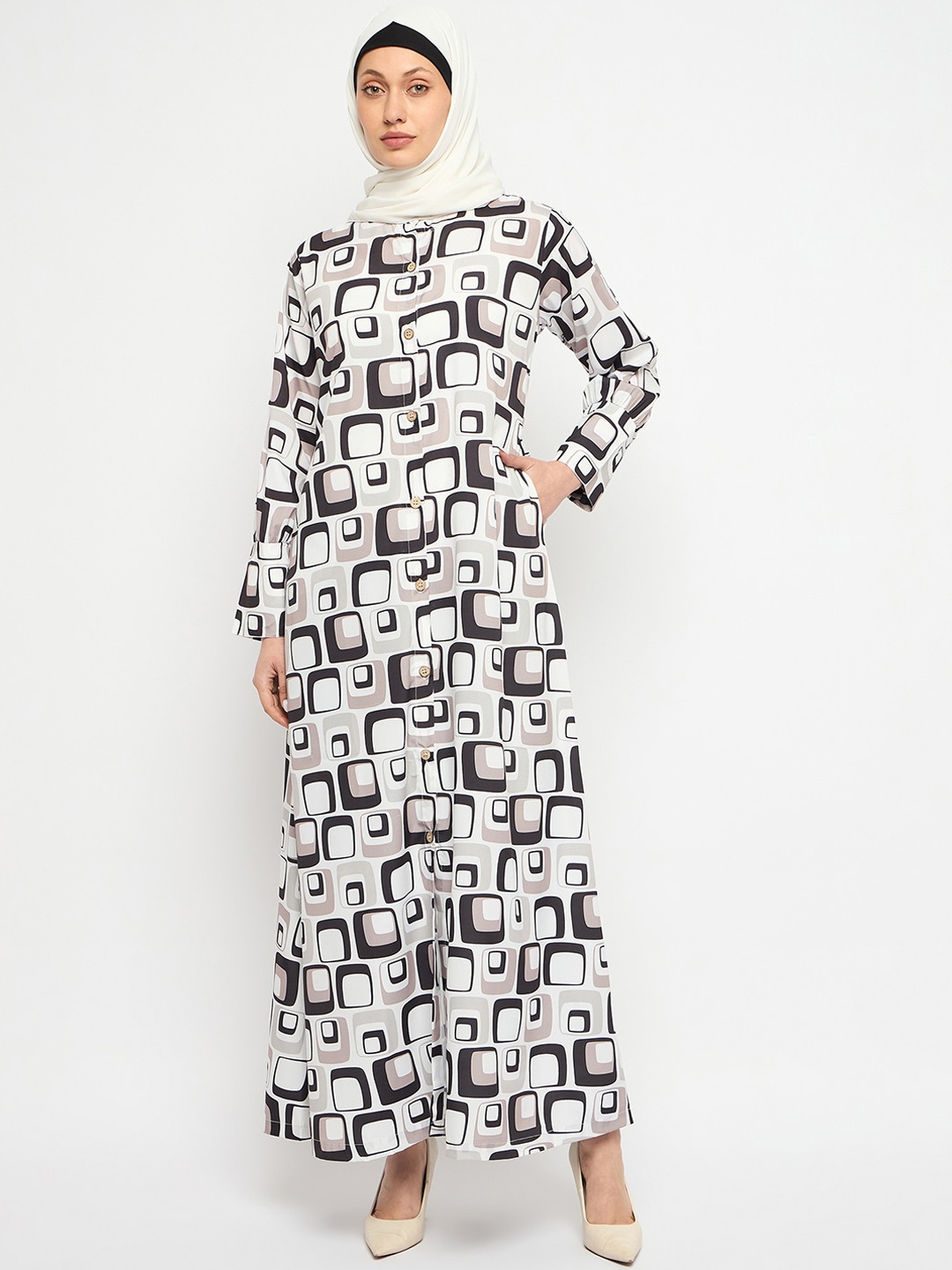 NABIA Geometric Printed Abaya Burqa, White