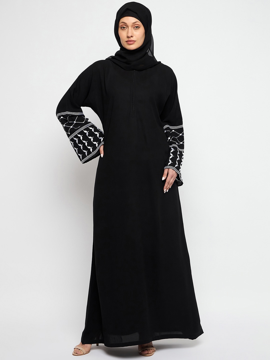 

NABIA Embroidered Front Zip Closure Abaya Burqa, Black