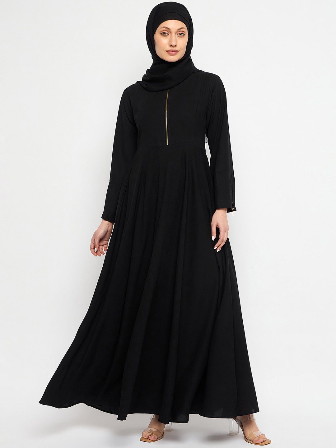 

NABIA Zip-Closure Mandarin Collar Abaya, Black