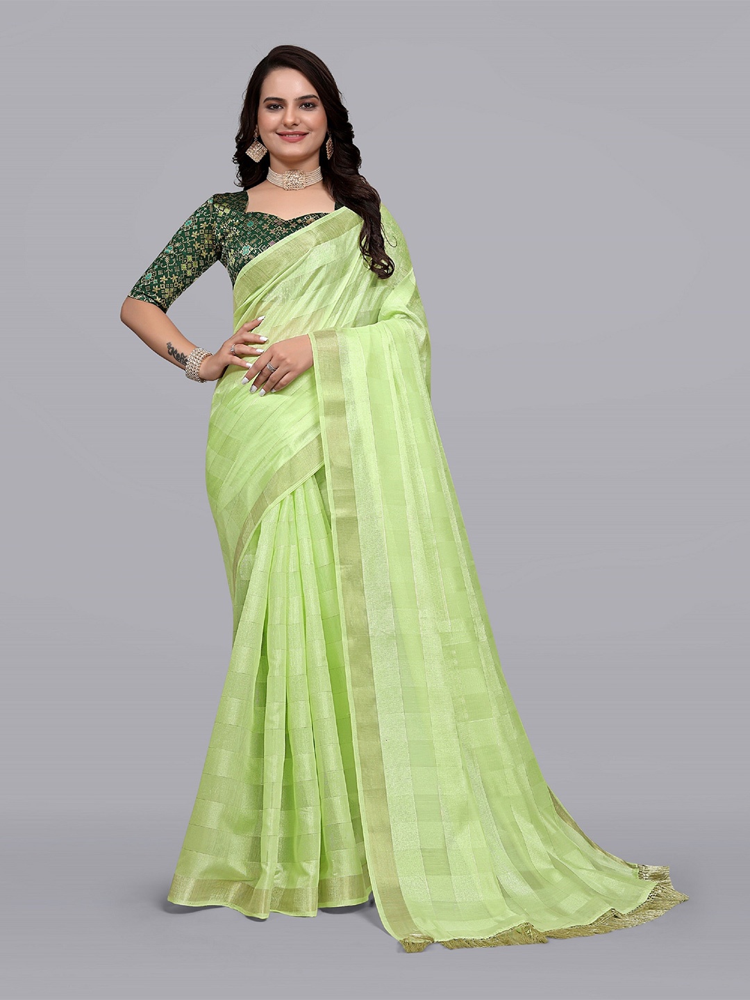 

Aagiri Striped Zari Banarasi Saree, Green