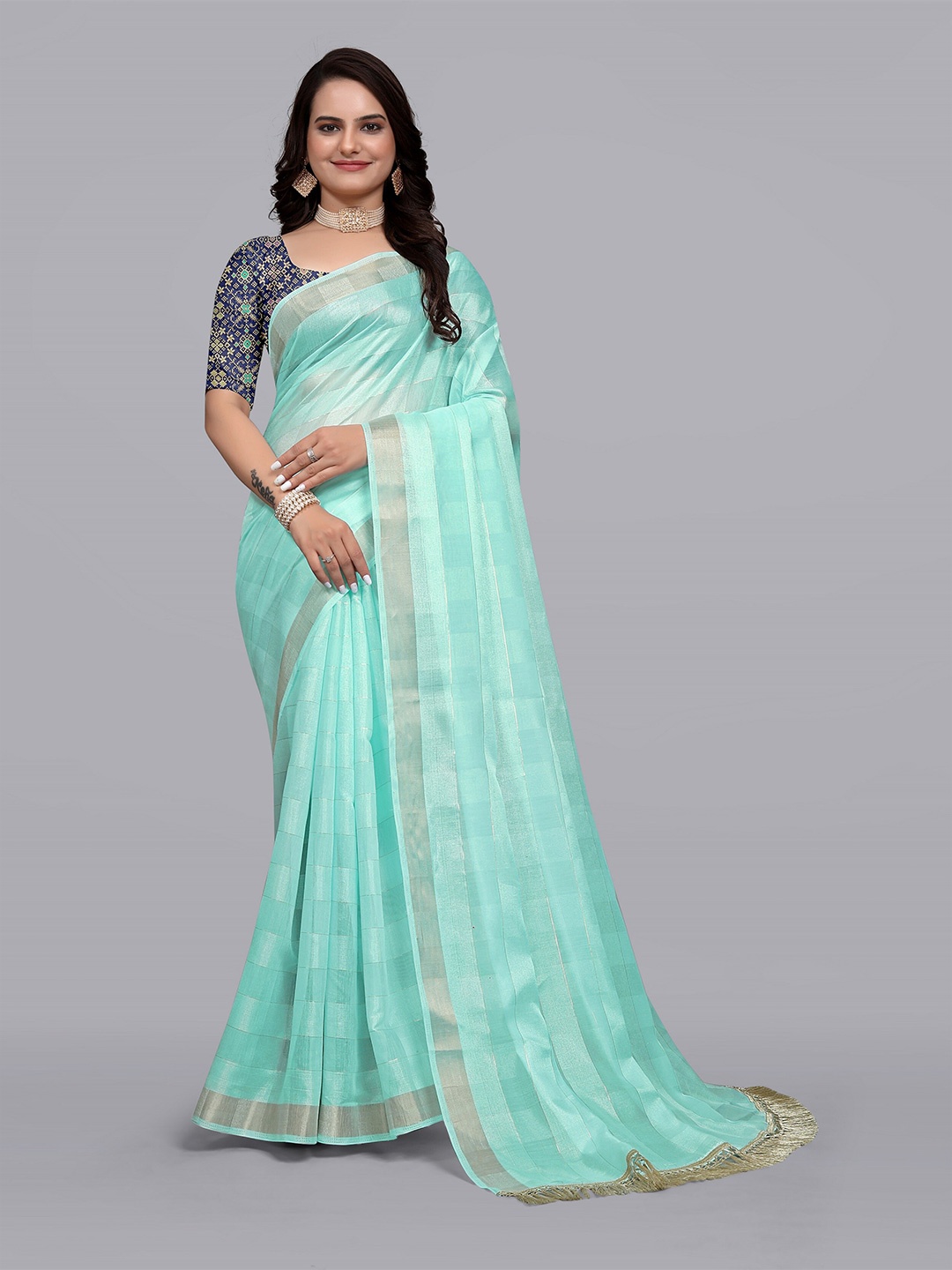 

Aagiri Striped Zari Banarasi Saree, Turquoise blue