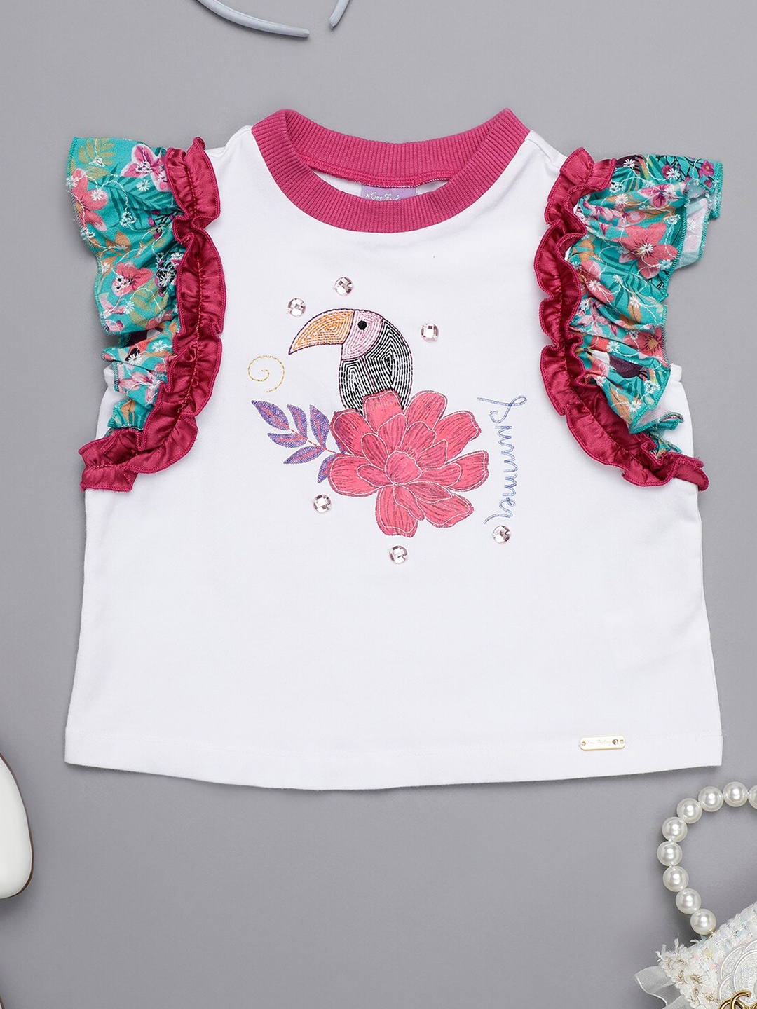 

One Friday Girls Graphic Printed Round Neck Flutter Sleeves Cotton Top, White