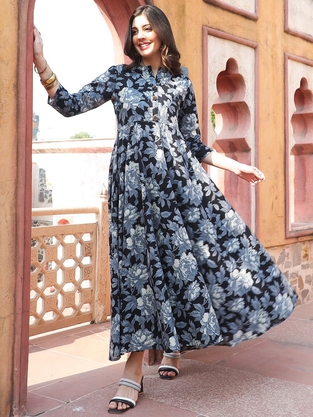 

GULMOHAR JAIPUR Floral Printed Cotton A-Line Dress, Black