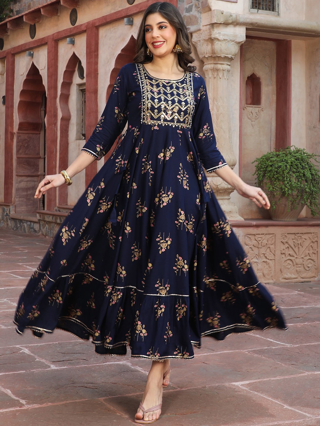 

GULMOHAR JAIPUR Floral Printed Embroidered Fit and Flare Maxi Ethnic Dress, Navy blue