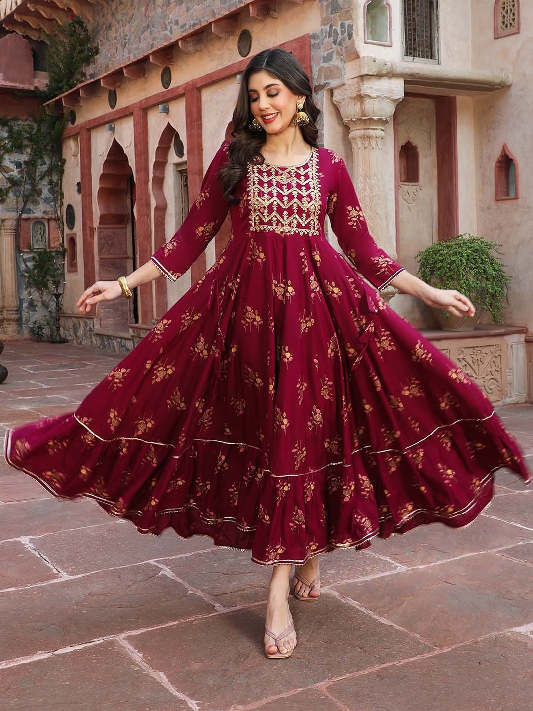

GULMOHAR JAIPUR Floral Printed A-Line Ethnic Dress, Maroon
