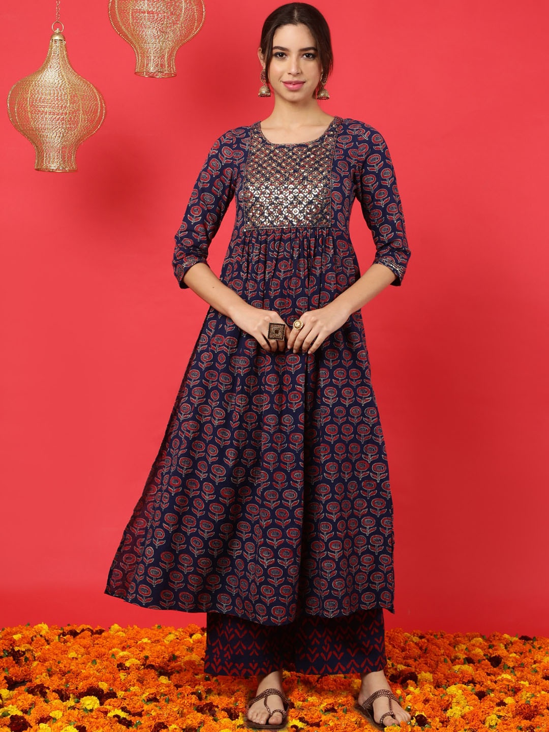 

GULMOHAR JAIPUR Ethnic Motifs Printed Empire Pure Cotton Kurta with Trousers & Dupatta, Blue