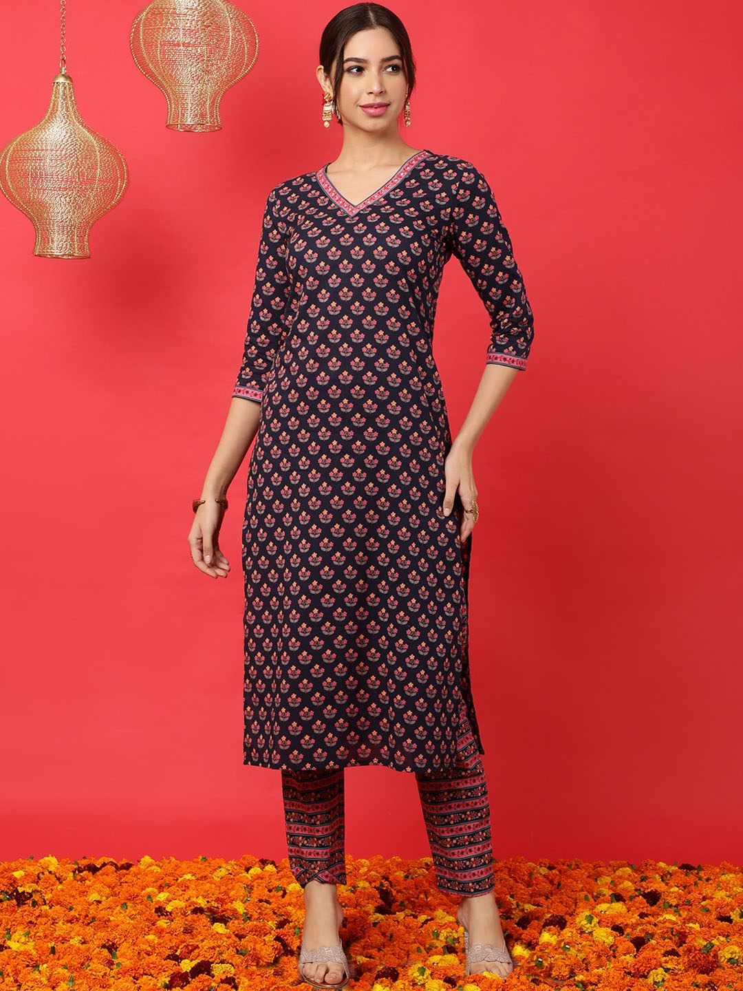GULMOHAR JAIPUR EthnicMotifs Printed Mirror Work Pure Cotton Kurta with Trousers & Dupatta, Blue