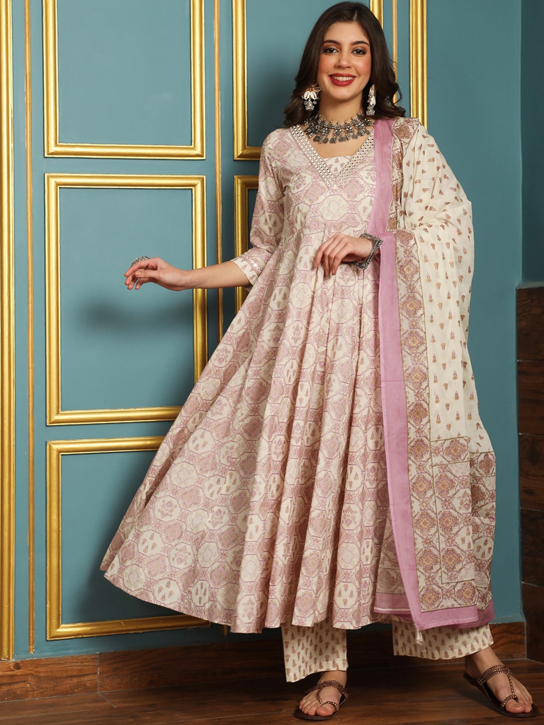 

GULMOHAR JAIPUR Floral Printed Mirror Work Pure Cotton Kurta With Palazzos & Dupatta, White