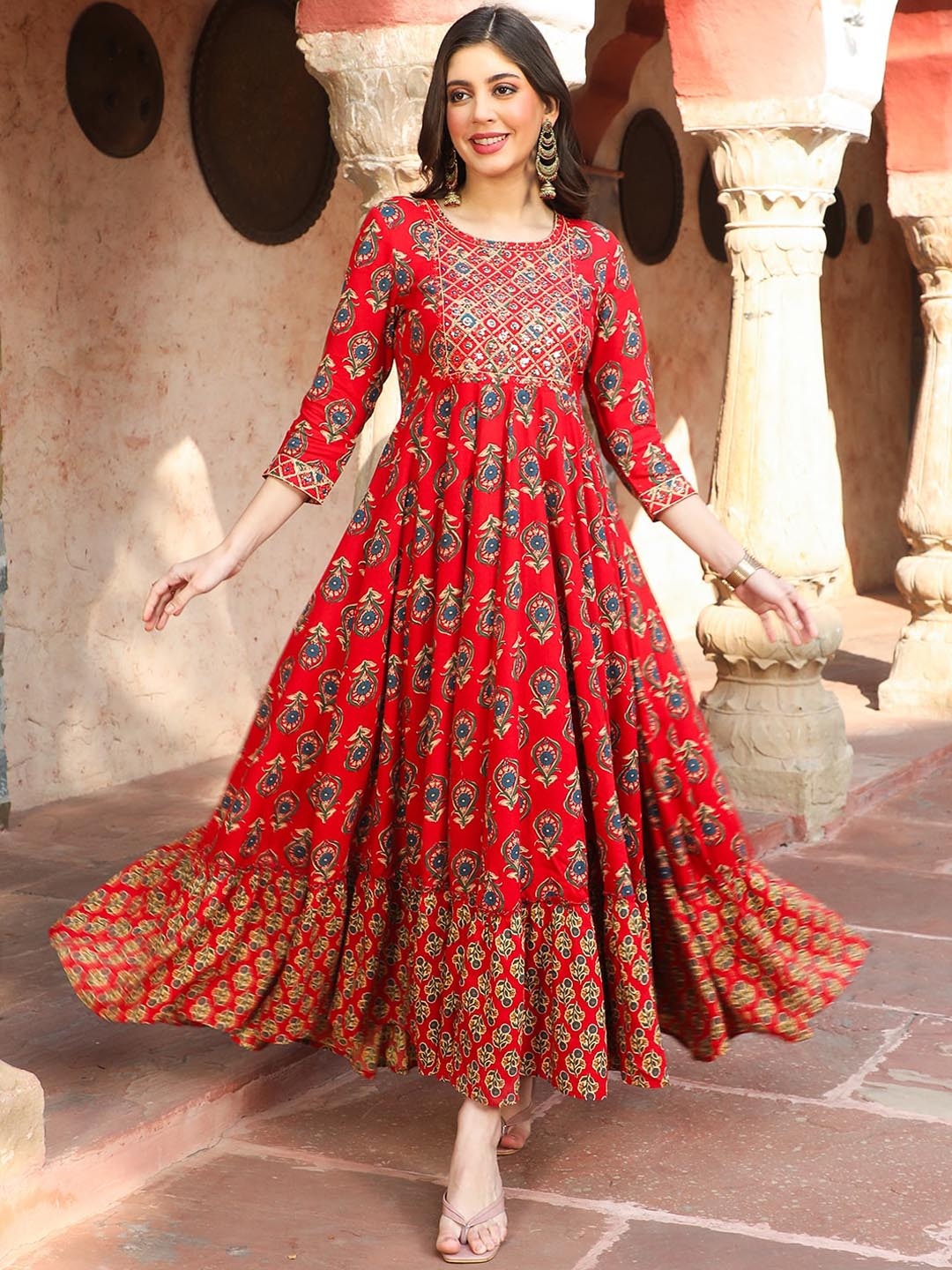

GULMOHAR JAIPUR Floral Printed A-Line Ethnic Dress, Red