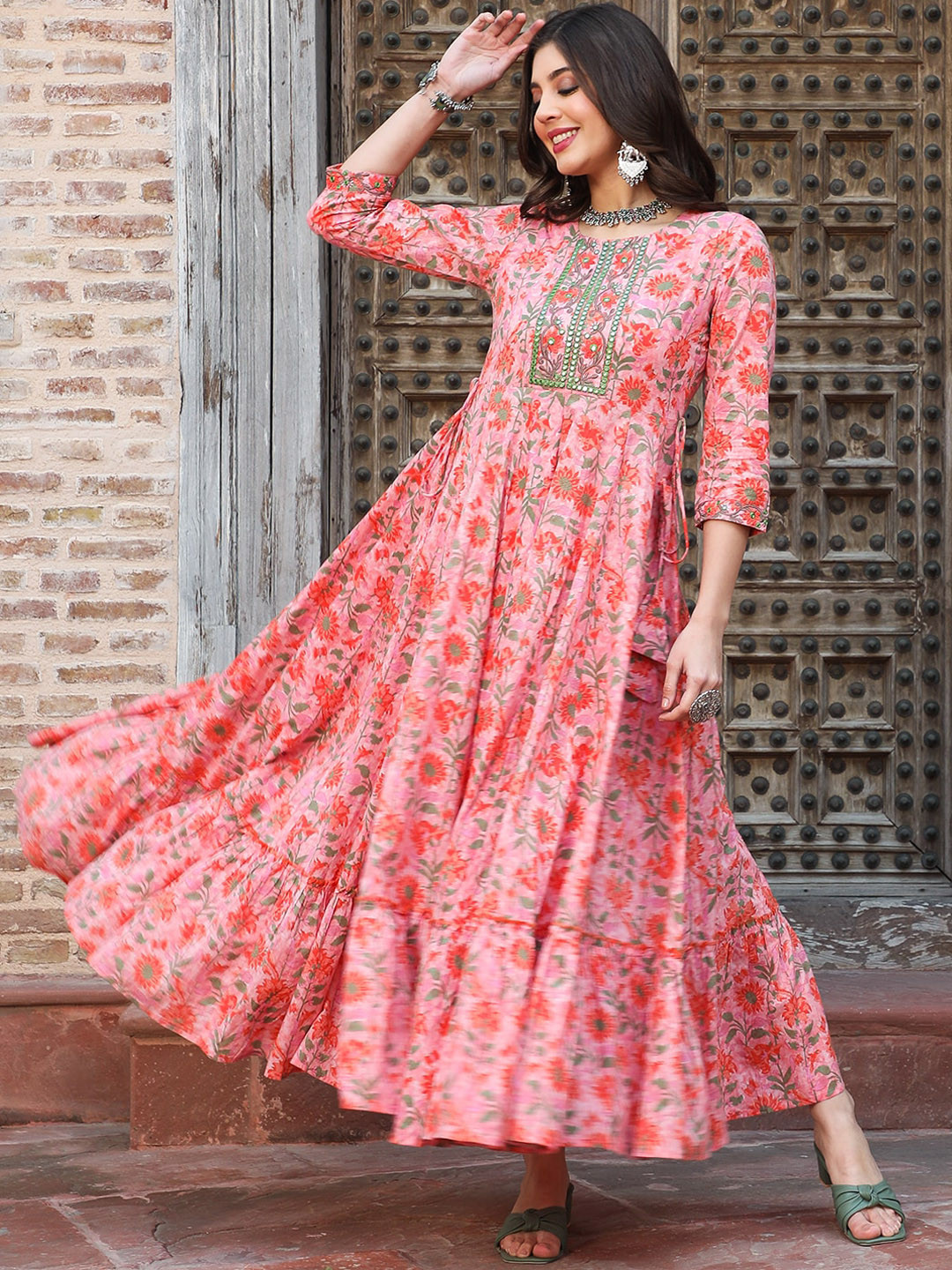 

GULMOHAR JAIPUR Floral Printed Cotton A-Line Ethnic Dress, Peach