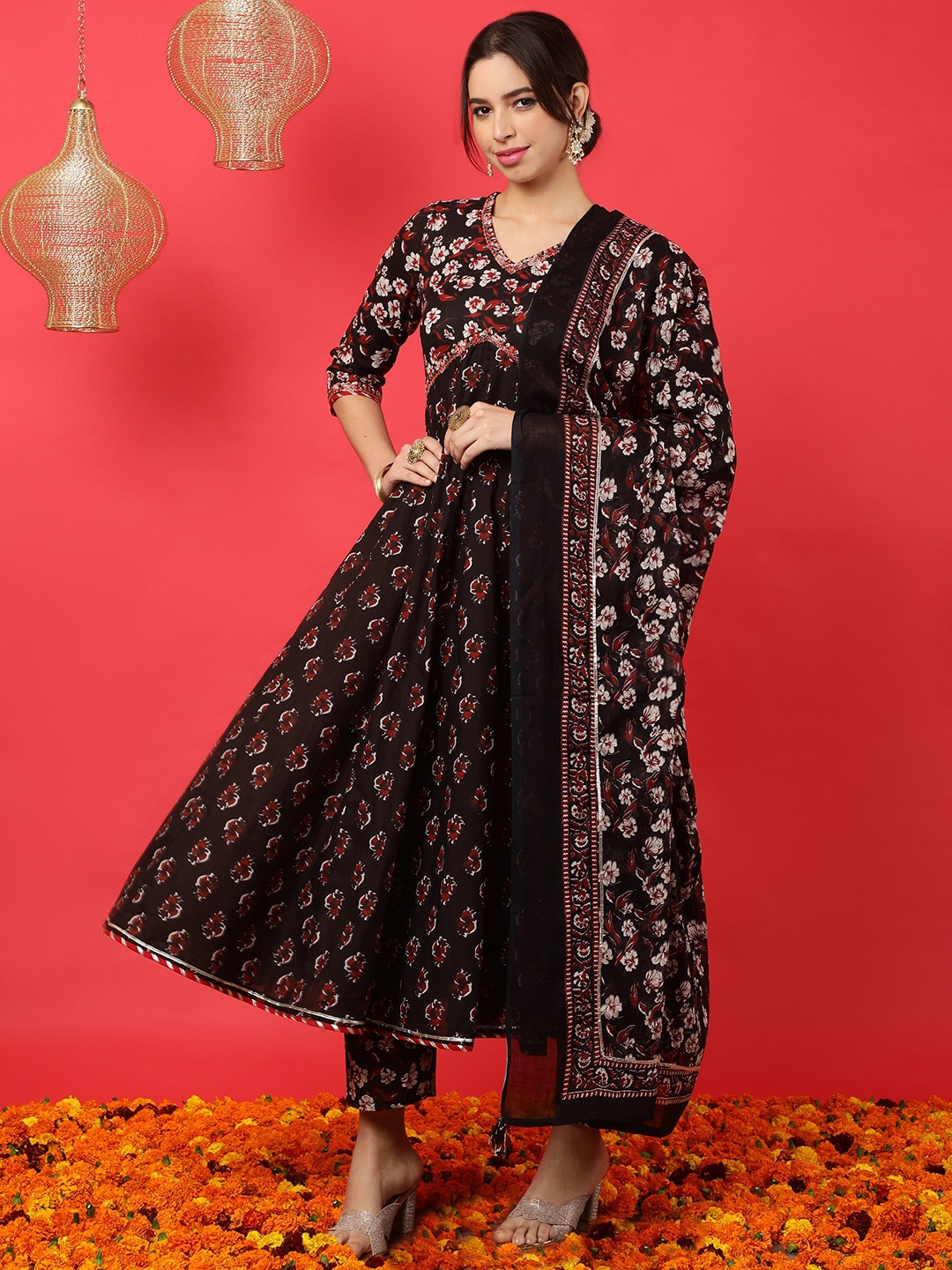 

GULMOHAR JAIPUR Floral Printed Thread Work Pure Cotton Kurta With Trouser & Dupatta, Black