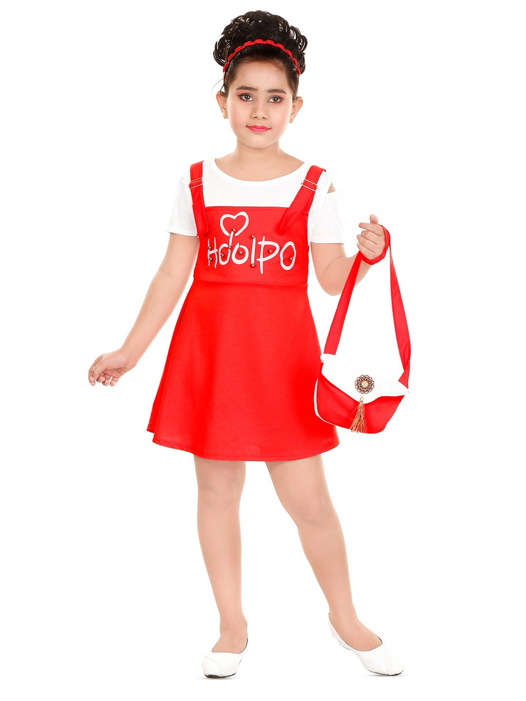 

BAESD Girls Typography Printed Pinafore Dresses With T-Shirt, Red