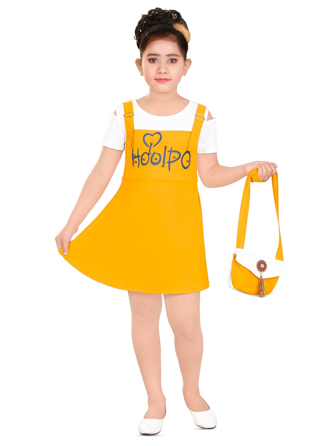 

BAESD Girls Typography Printed A-Line Dress With T-Shirt, Mustard