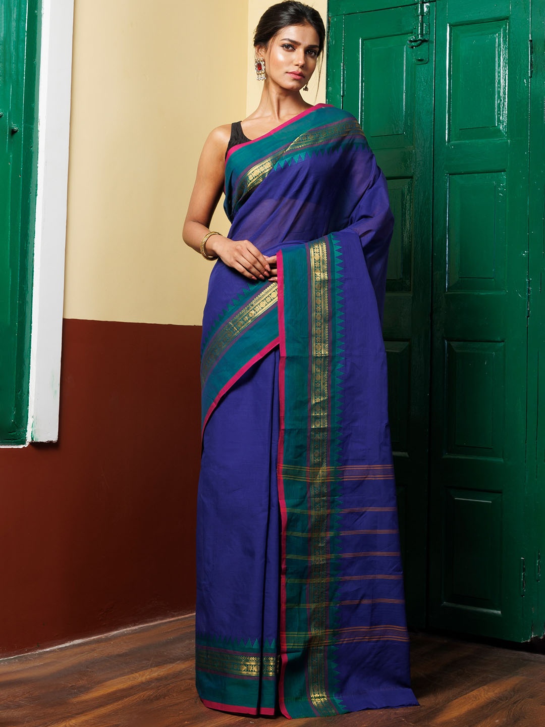 

Unnati Silks Zari Pure Cotton Handloom Kanjeevaram Saree, Blue