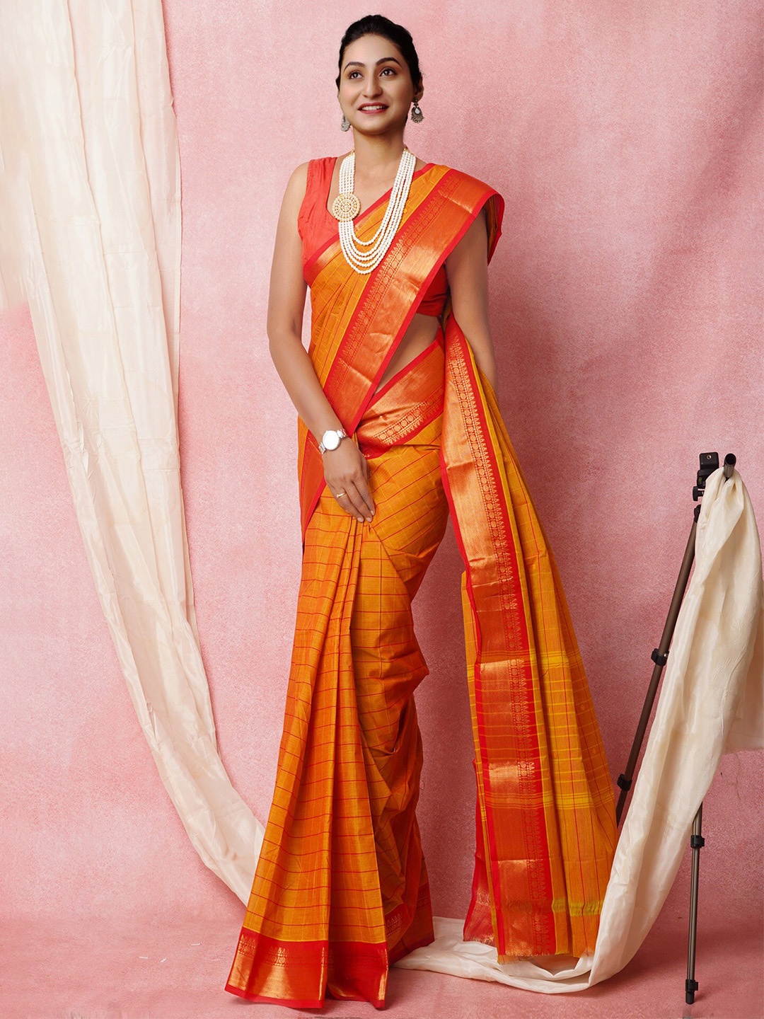 

Unnati Silks Checked Zari Pure Cotton Kanjeevaram Saree, Orange