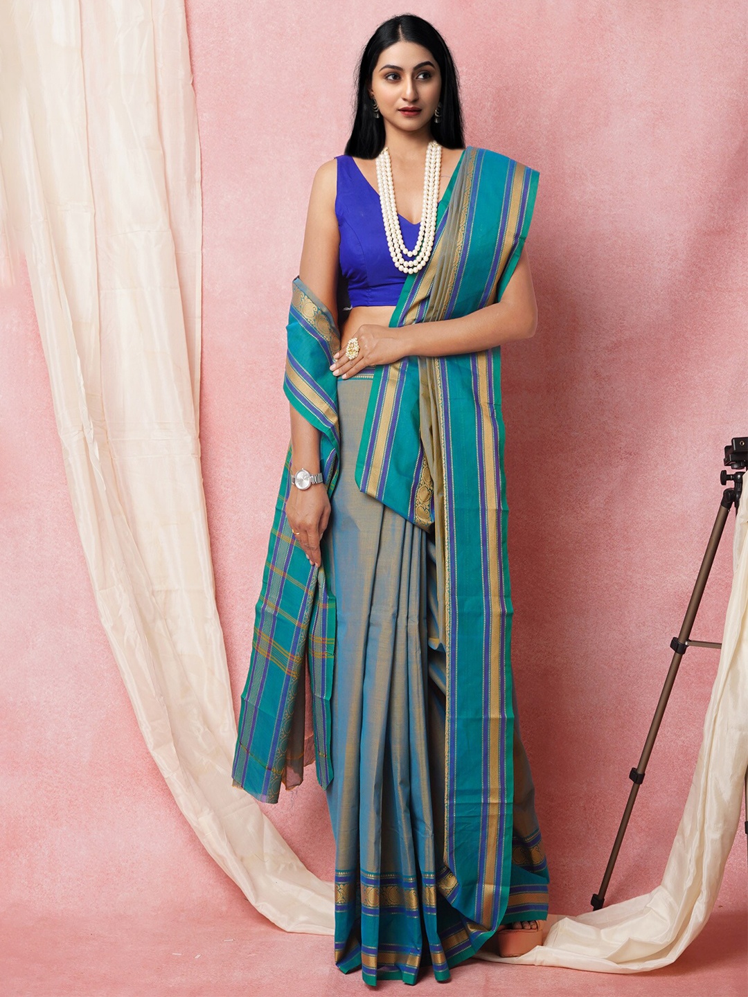 

Unnati Silks Zari Pure Cotton Handloom Kanjeevaram Saree, Blue