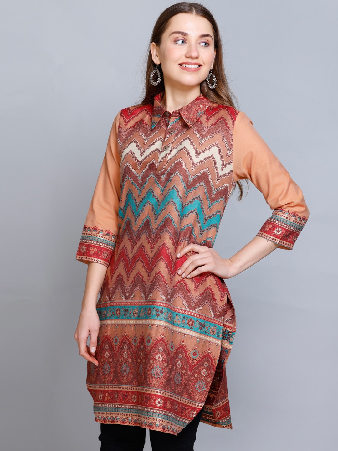 

KIDAR Chevron Printed Shirt Collar Kurta, Rust